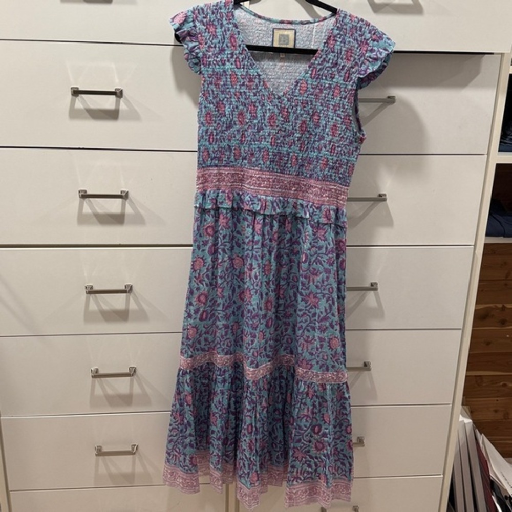 Bell by Alicia Bell Carly Midi Dress L Boho Floral Pink Blue Smocked NWOT